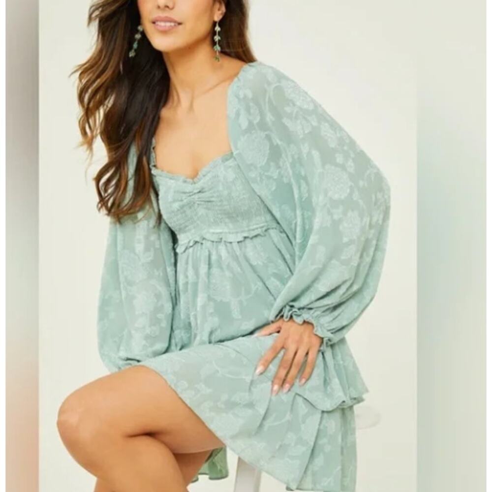 Altar'd State Vega Gemma Babydoll Mini Dress Iceberg Green Festival Spring
